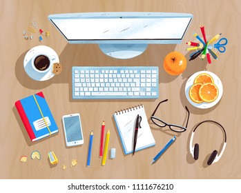 Top view vector illustration set of office workplace with desktop computer on wooden desk background.