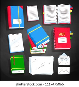Top view vector illustration set of books and notepads on black chalkboard background.