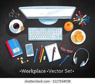 Top view vector illustration set of office workplace with desktop computer on chalkboard background.