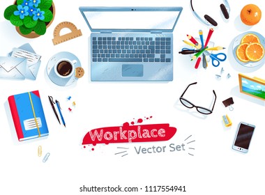 Top view vector illustration set of office workplace with laptop computer on white background.