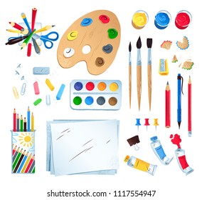 Top view vector illustration set of artist workplace isolated on white background.