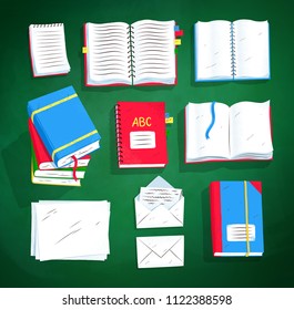 Top view vector illustration set of books and notepads on green chalkboard background.