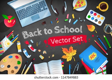 Top view vector illustration set of Back to School workplace on black chalkboard background.