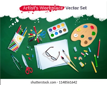 Top view vector illustration set of artist workplace on green chalkboard background.