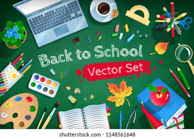 Top view vector illustration set of Back to School workplace on green chalkboard background.
