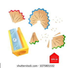 Top view vector illustration of sharpener and shavings isolated on white background.