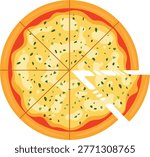 Top View Vector Illustration of Sliced Cheese Pizza with Herbs