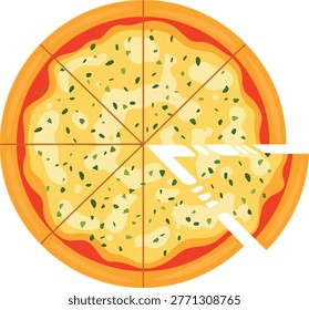 Top View Vector Illustration of Sliced Cheese Pizza with Herbs Top View Vector Illustration of Sliced Cheese Pizza with Herbs