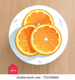 Top view vector illustration of slices of orange with realistic shadow on wooden table background.