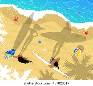Top view vector illustration of surfers man and woman standing near water with long shadows.