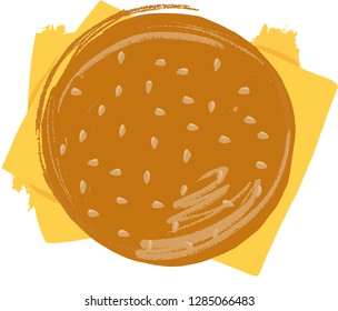 Top View Vector illustration tasty cool cheeseburger with Cheese. Flat Classic Hamburger. Burger Close up isolated on a white background.