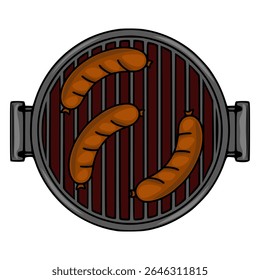 Top view vector illustration of three sausages grilling on a round barbecue grill, showcasing a detailed cartoon style with dark maroon grill bars and a metallic gray frame.