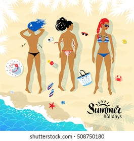Top view vector illustration of three sunbathing young women lying on beach near sea surf.