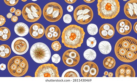Top view vector illustration of various dim sum dishes in bamboo steamers on blue background.