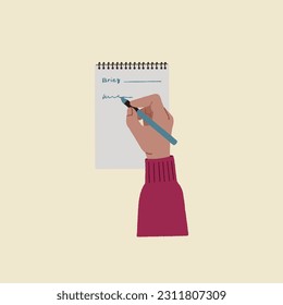 Top view vector illustration of woman's hands writing in spiral notepad on isolated light yellow background 
