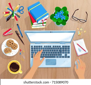 Top view vector illustration of workplace with laptop,coffee and hands on wooden desk.