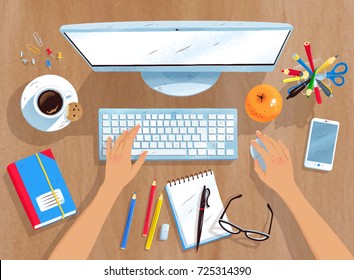 Top view vector illustration of workplace with desktop computer, coffee and hands on wooden desk.