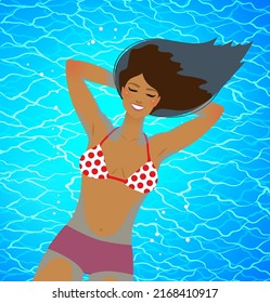 Ilustración vectorial superior de una mujer joven flotando en la superficie de agua azul.