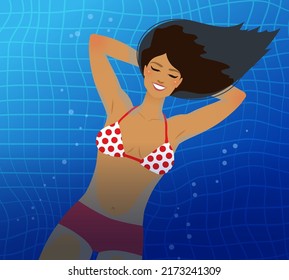 Top view vector illustration of young woman floating on swimming pool water surface.