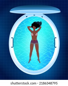 Top view vector illustration of young woman resting in floating tank capsule.