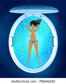Top view vector illustration of young woman resting in floating tank with blue water.