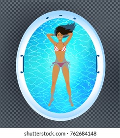 Top view vector illustration of young woman resting in floating tank with blue water isolated on transparency background.