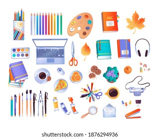 Top view vector illustrations collection of office workplace items isolated on white background.