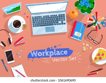 Top view vector illustrations set of office workplace with laptop computer, coffee and stationery.