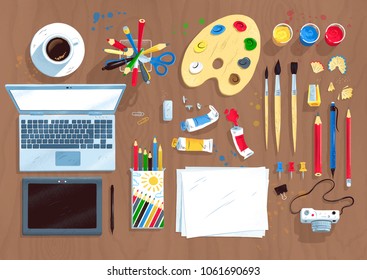 Top view vector illustrations set of digital artist's items with laptop computer, coffee and tablet on wooden table background.