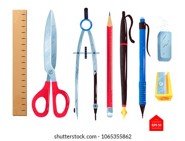 Top view vector illustrations set of stationery supplies isolated on white background.