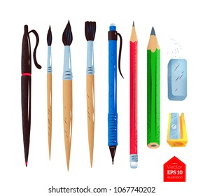 Top view vector illustrations set of artist supplies isolated on white background.