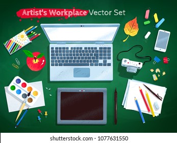 Top view vector illustrations set of digital artist workplace with laptop computer, painting tools on green schoolboard background.