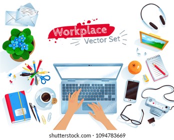 Top view vector illustrations set of office workplace with laptop computer and female hands isolated on white background.