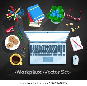 Top view vector illustrations set of office workplace with laptop computer on blackboard background.