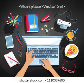 Top view vector illustrations set of workplace with laptop computer and hands on black school-board background.