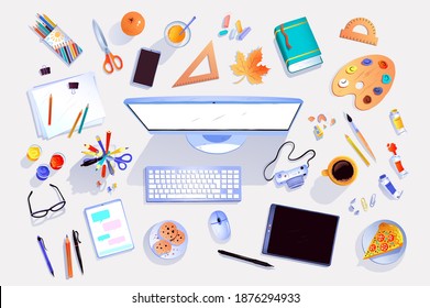 Top view vector illustrations set of office workplace items isolated on white background.