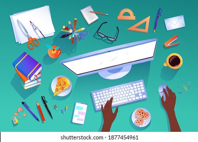 Top view vector illustrations set of office workplace items isolated on green background.
