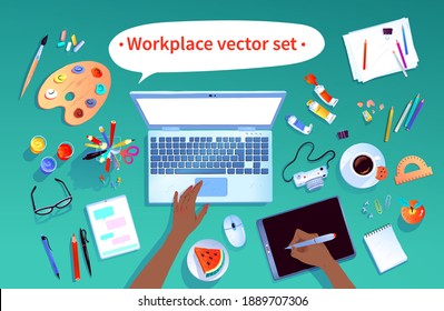 Top view vector illustrations set of office workplace items isolated on green background.