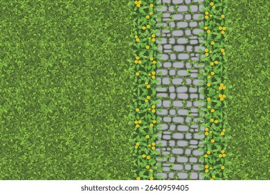 Top view of a vector image of a grey stone path overgrown with grass among lush green grass and yellow wildflowers. Landscape design. View from above. Spring and summer. Aerial