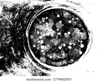 Top view vector of moldy coffee grounds inside a glass. High contrast stencil style showing organic fungal growth and texture, perfect for science, health, and grunge design projects