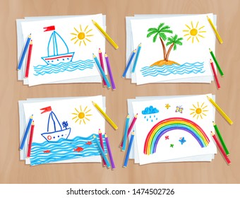 Top view vector set of color pencils lying on paper with child drawing of summer vacation doodles on light wooden desk background.