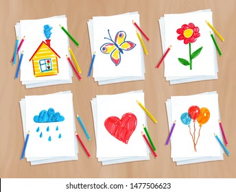 Top view vector set of color pencils lying on paper with child drawing of summer  doodles on light wooden desk background.