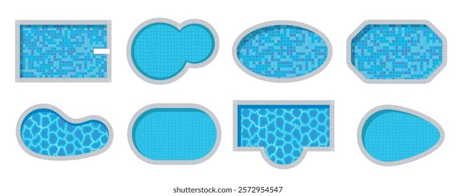 Top view of a vector set icons of swimming pool illustrations with diverse shapes. Summer, hotel, yard, leisure. Aerial. View from above.