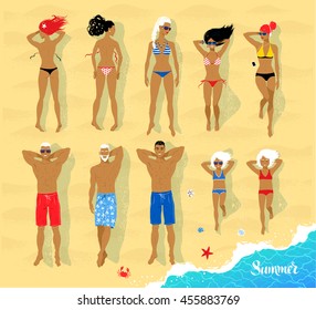 Top view vector set of sunbathing people lying on beach sand.