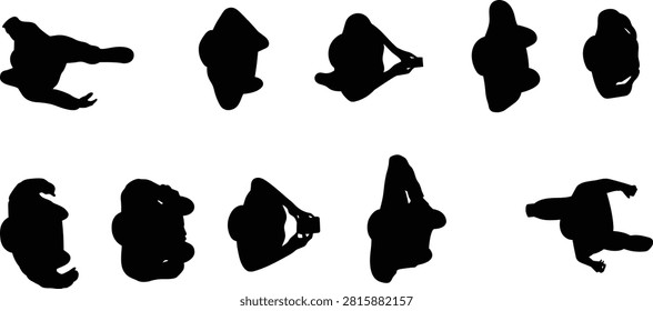 Top view vector silhouette set of queueing customers and waiting people isolated on a white background. scale figures in black shadow design, tailored for architectural site plans, retail store layout planning, and presentation diagrams.