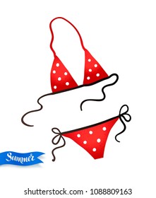 Top view vector summertime illustration of red polka dot bikini isolated on white background.