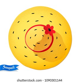 Top view vector summertime illustration of yellow beach hat isolated on white background.