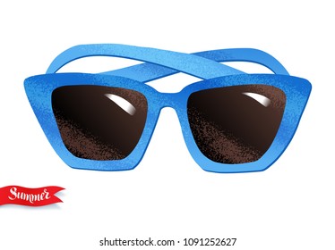 Top view vector summertime illustration of blue sunglasses isolated on white background.