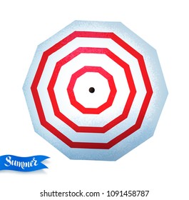Top view vector summertime illustration of red striped beach parasol isolated on white background.