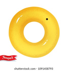 Top view vector summertime illustration of yellow rubber ring isolated on white background.